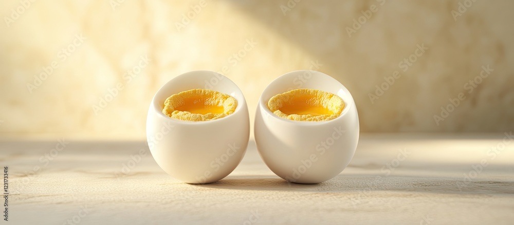 Aufkleber soft boiled eggs in white cups on a light marble surface with a soft focus background capturing the 