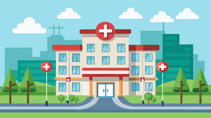 Naklejka premium Flat illustration of a modern hospital building with a red cross sign, surrounded by trees and an urban cityscape in the background