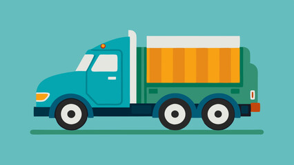 Flat illustration of a colorful cargo truck with a blue cabin and orange container on a light blue background