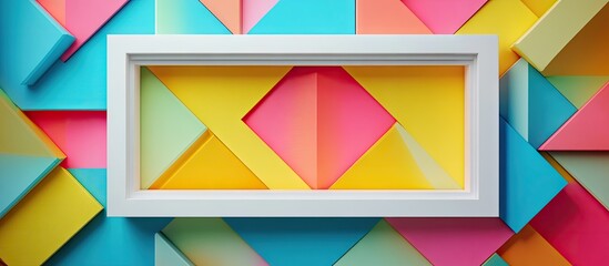 Colorful geometric shapes in pastel shades of pink, yellow, blue, and green arranged around a central white frame with a diamond shape.