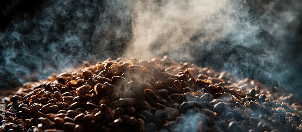 Poster steaming mound of dark burnt beans with wisps of smoke rising creating an intriguing contrast agains