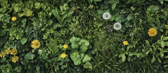 Vibrant green field with diverse plants including yellow dandelions and white dandelion puffballs, shot from a top-down perspective.