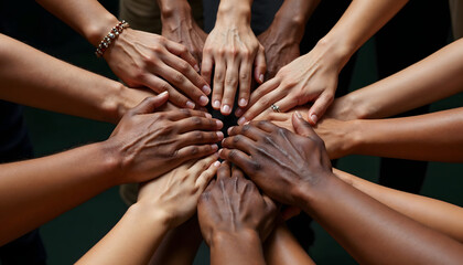 Hands of diverse people forming a circle in unity