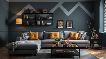 Grey sectional sofa in modern living room with geometric wall, shelving, and natural light