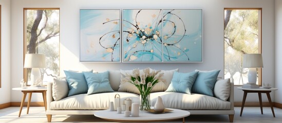 Sunny living room, white couch, blue art, natural light