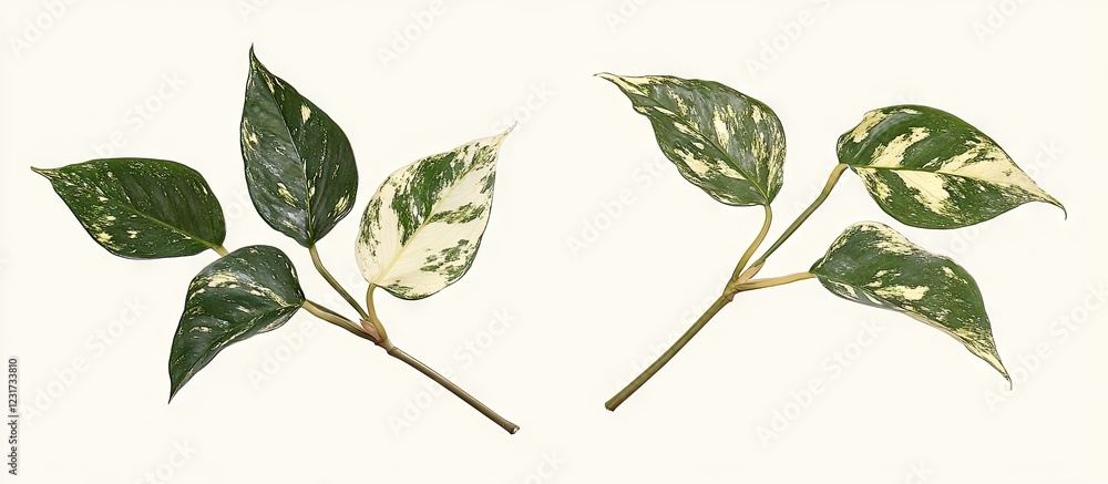 Poster two green and white variegated leaves arranged symmetrically on a light background with soft texture