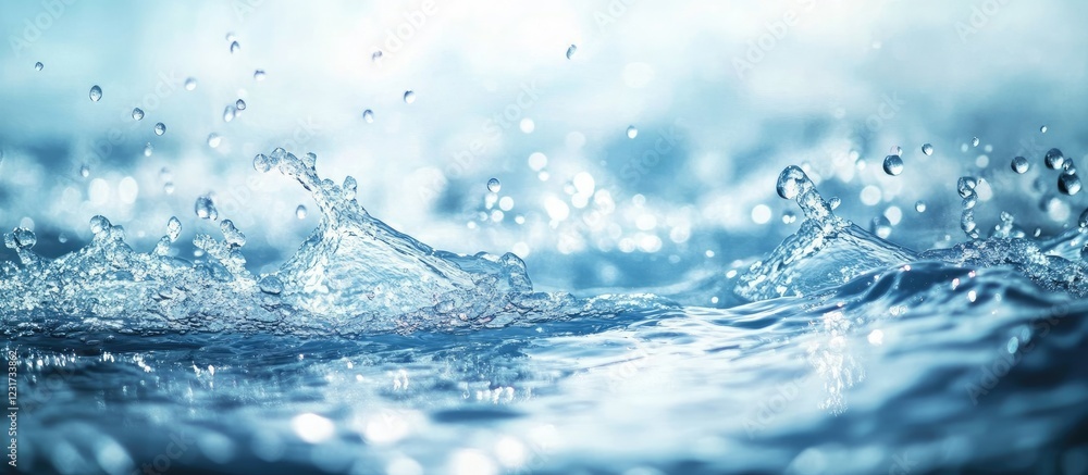 Poster rippling water surface with splashes and droplets in vibrant blue hues creating a serene and refresh