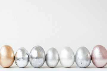 The concept of Easter luxury, craftsmanship, artistic beauty of intricate patterns. Elegant silver designs decorate pastel-colored eggs. Mock up, copy space, pattern, free text
