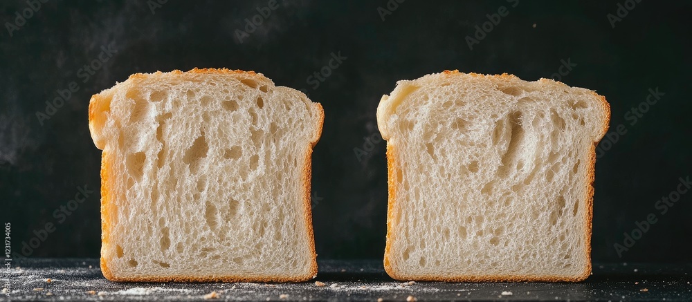 Poster two slices of fresh white bread positioned side by side with one slice featuring a bite taken out ag