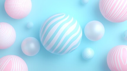 Obraz premium Soft Pastel Spheres with Stripes and Solid Colors on a Light Blue Background for Creative Designs