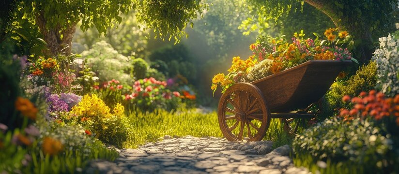 Cozy garden pathway with vibrant flowers in various colors leading to a wooden wheelbarrow filled with seasonal blooms under soft sunlight.