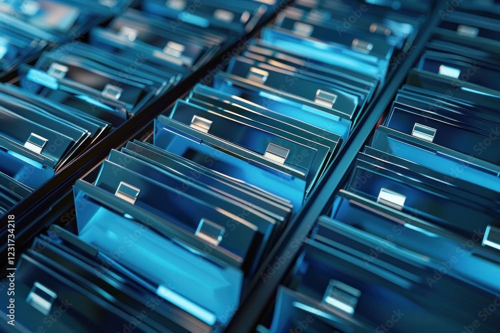 Poster glowing rows of servers are storing data in a futuristic data center