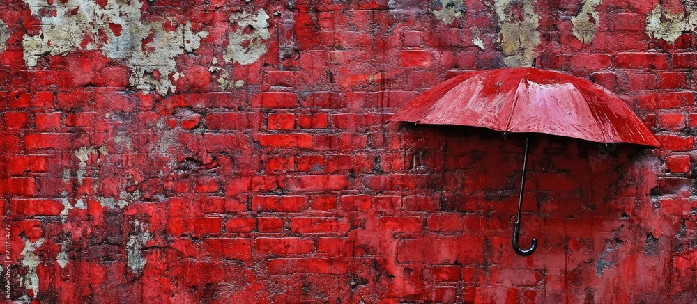 Poster red brick wall with uneven texture featuring a rusted red umbrella hanging on the left side creating