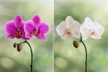 Fototapeta premium Two vibrant orchids in contrasting colors showcase the beauty of nature and elegance.
