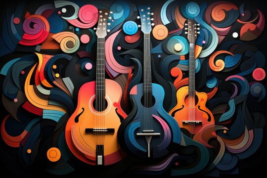 Colorful Guitars, Abstract Art, Music Background, Studio Shot, Album Cover