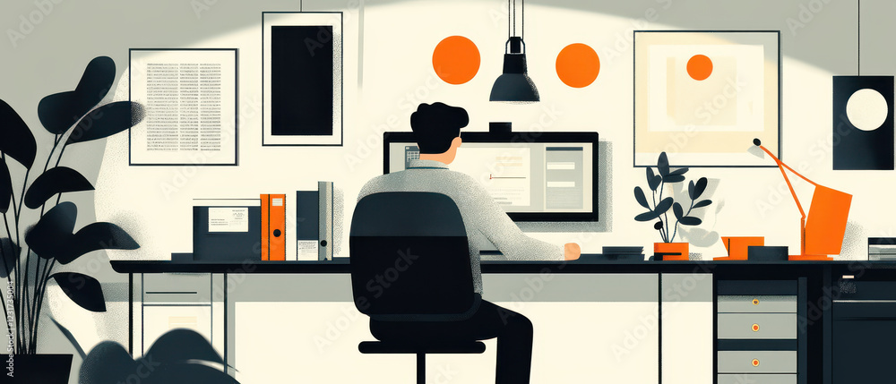 Poster businessman setting up quality assurance workflow in modern office. workspace features computer, pla