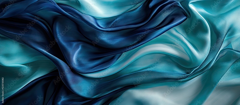 Poster elegant teal and navy blue silk waves flow gracefully, creating an abstract design with soft texture