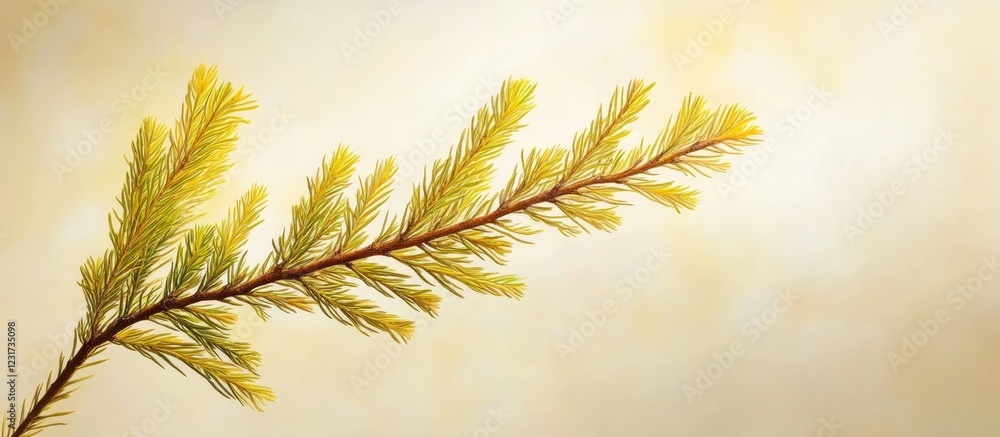 Poster vibrant yellow green spruce branch positioned left on a soft light background with ample copy space 