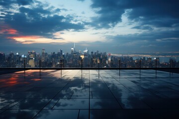 Obraz premium Rooftop cityscape sunset, city reflection, urban panorama, evening twilight, advertising