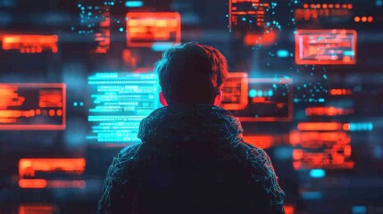 Person in Hoodie Staring at Digital Data Displays in Neon Colors