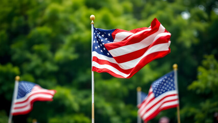 American flags waving against green background, ideal for patriotism and national pride