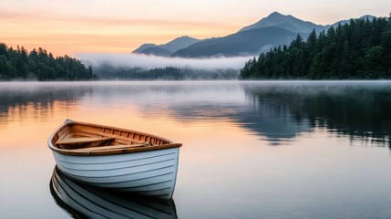 Serene Morning Boat on Calm Lake Surrounded by Misty Mountains