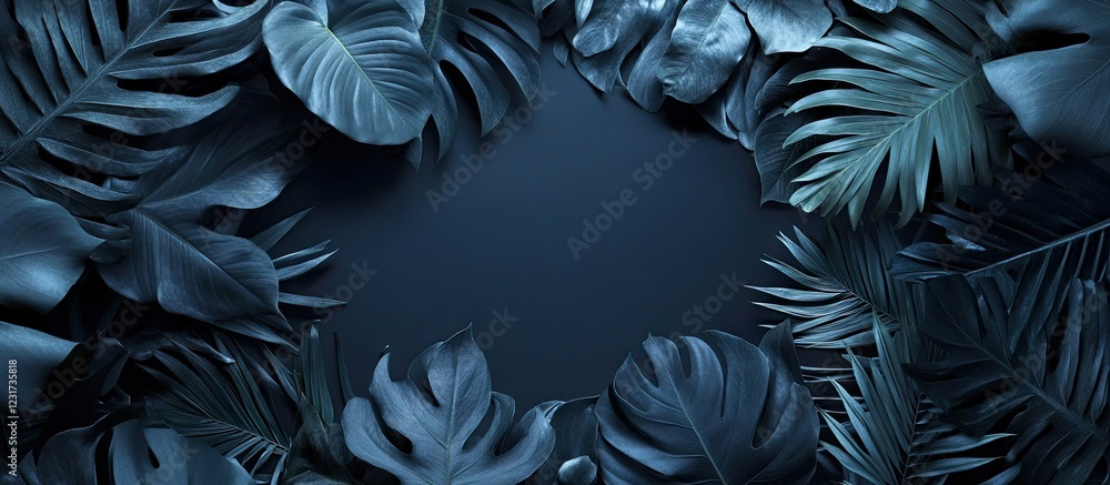 Poster tropical leaves in deep green and navy frame a dark empty center creating a minimalistic botanical b
