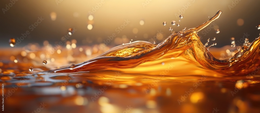 Poster golden liquid surface with fluid dynamics, featuring splashes and a velvety texture in warm amber to
