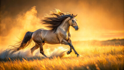 Majestic stallion gallops across sun kissed savannah, mane flowing in wind, creating stunning scene of freedom and beauty in golden light
