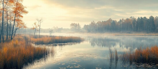 Fototapeta premium Tranquil marsh landscape featuring calm water with orange and green vegetation, reflecting morning light for serene outdoor exploration scenes.
