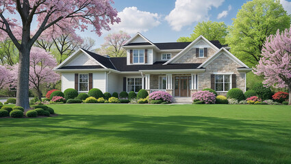 Beautiful suburban house with lush green lawn and blooming trees in spring