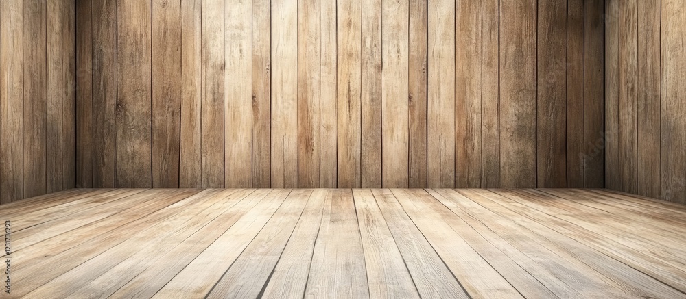 Poster rustic wooden wall and floor featuring weathered planks in warm brown tones with ample copy space id