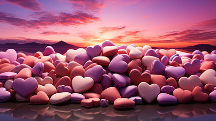 heart-shaped chocolates floating in a dreamy pastel-colored sky