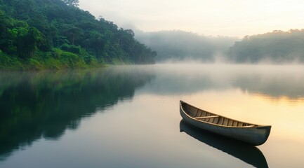 Serene Misty Lake with Tranquil Boat at Dawn in Nature's Beauty