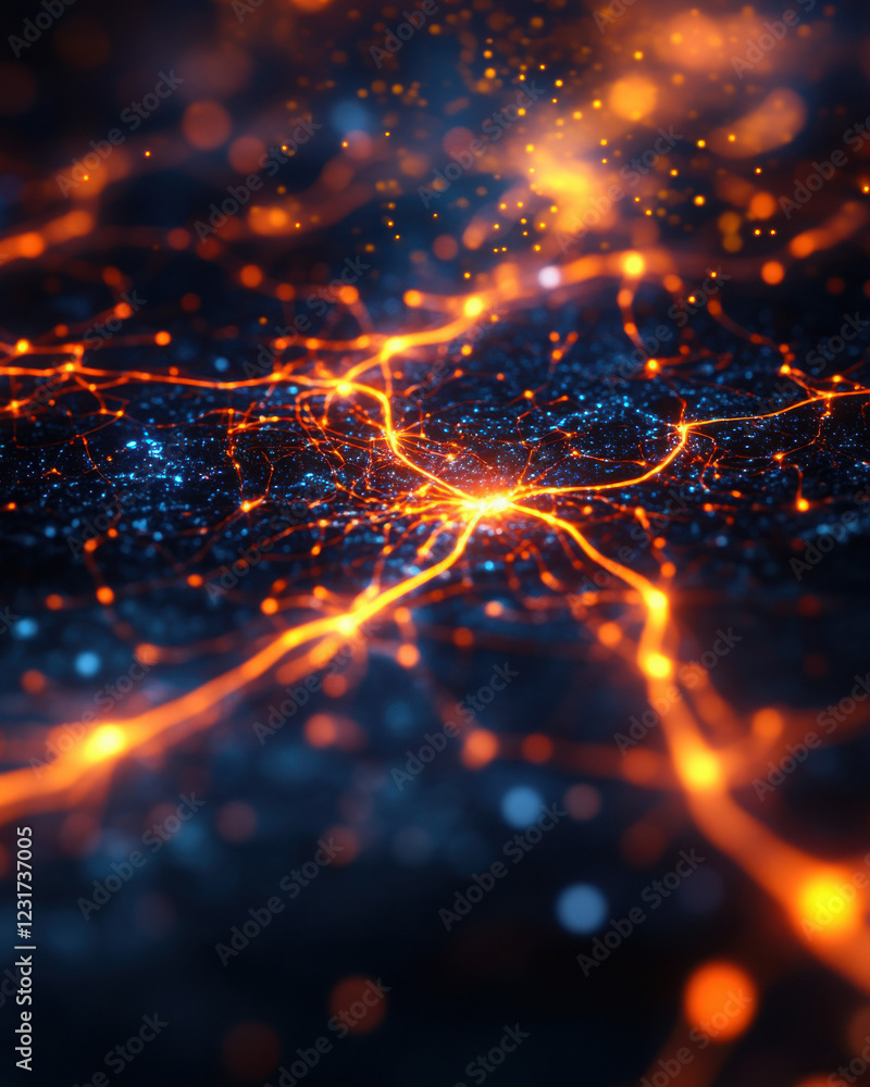 Poster abstract digital network with glowing connections and particles.