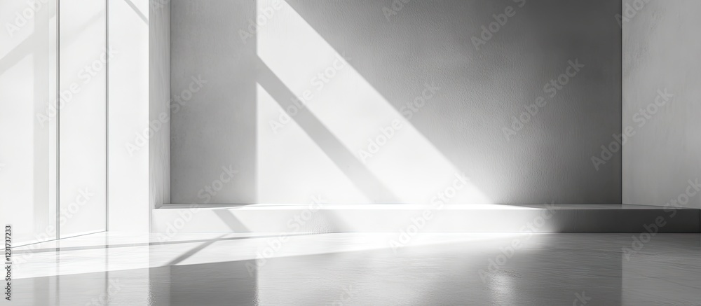 Poster minimalistic interior space with bright white walls and floor reflecting soft light, angled shadows 