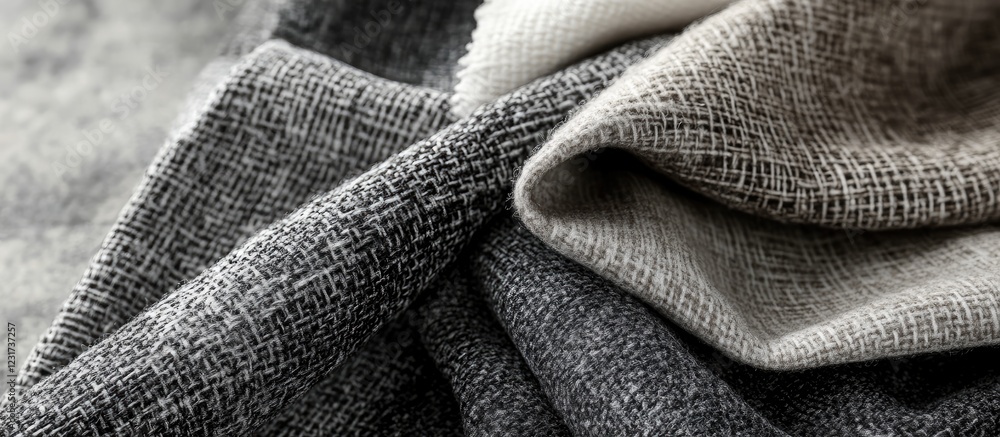 Poster textured fabric layers in shades of gray and beige arranged in a soft, overlapping display highlight