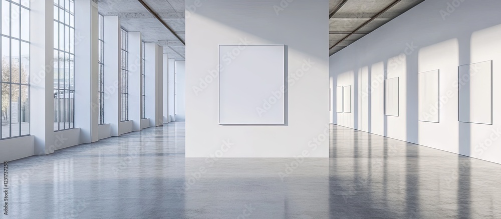 Aufkleber bright and open gallery showcasing minimalist design with large windows and white walls, featuring a