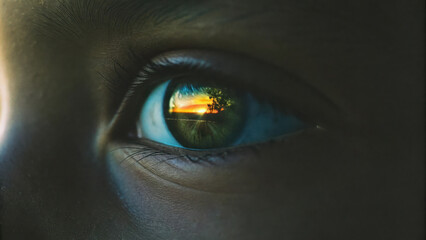 of child eye reflecting vibrant sunset scene, showcasing nature beauty and wonder