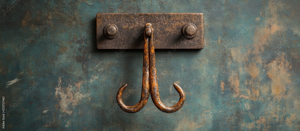 Aufkleber rustic bronze wall hook with elegant curves positioned centrally on a textured blue-green background