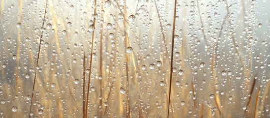 Glistening water droplets on glass reveal soft golden reeds in warm tones creating a serene and captivating nature scene.