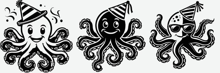 Fototapeta premium Three playful cartoon octopuses wearing party hats, each with a unique expression, celebrating in a fun and whimsical style.