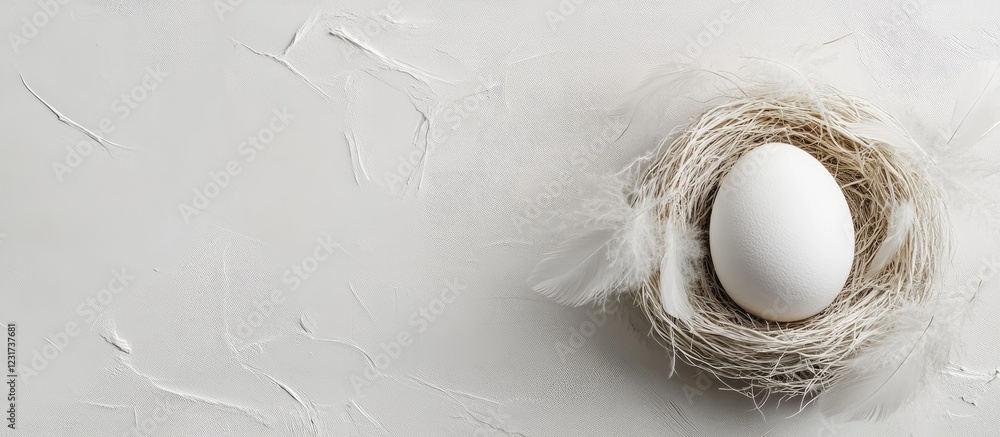 Poster pastel minimal concept featuring a white egg nestled in a textured nest with soft feathers on a ligh