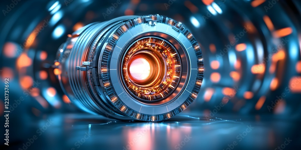 Poster a futuristic looking device with a glowing core, surrounded by intricate metallic structures and ill