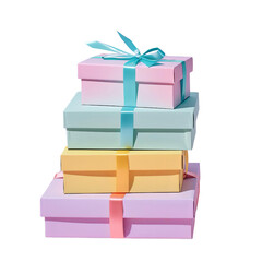 Obraz premium A stack of colorful gift boxes tied with ribbons, perfect for celebrations, holidays, or special occasions, isolated on a white background.
