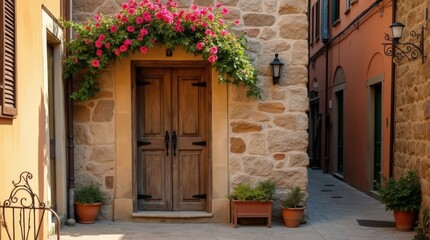 Fototapeta premium Weathered oak door with iron knocker in a charming Tuscan village setting