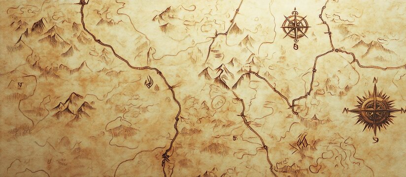 Antique parchment map showing mountains, rivers, compass roses; adventure background