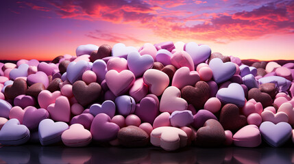 heart-shaped chocolates floating in a dreamy pastel-colored sky