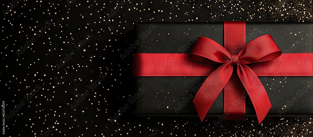 Poster elegant black gift box with a vibrant red ribbon and bow centered on a starry background creating a 