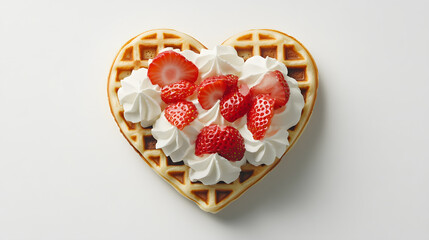 ? Heart-shaped waffle with whipped cream and strawberries for a Valentine?s Day breakfast isolated on white background in HD